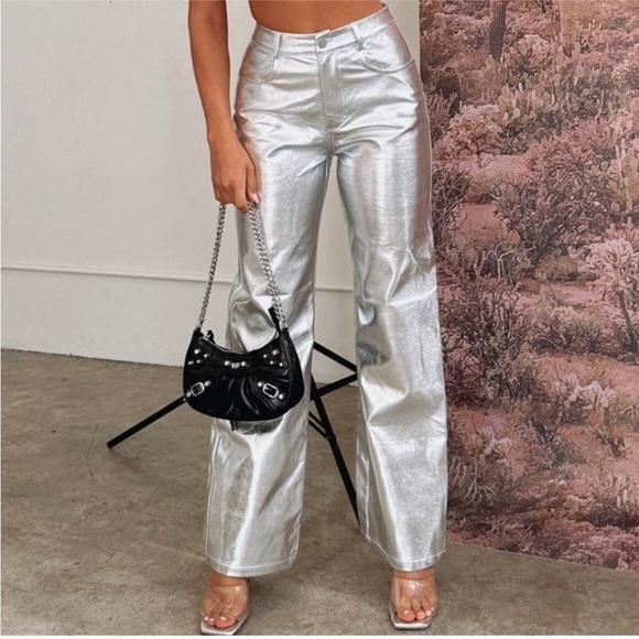 NWT 7 For All Mankind Silver Foil Vegan Leather Straight Leg Pants size L - Picture 3 of 10